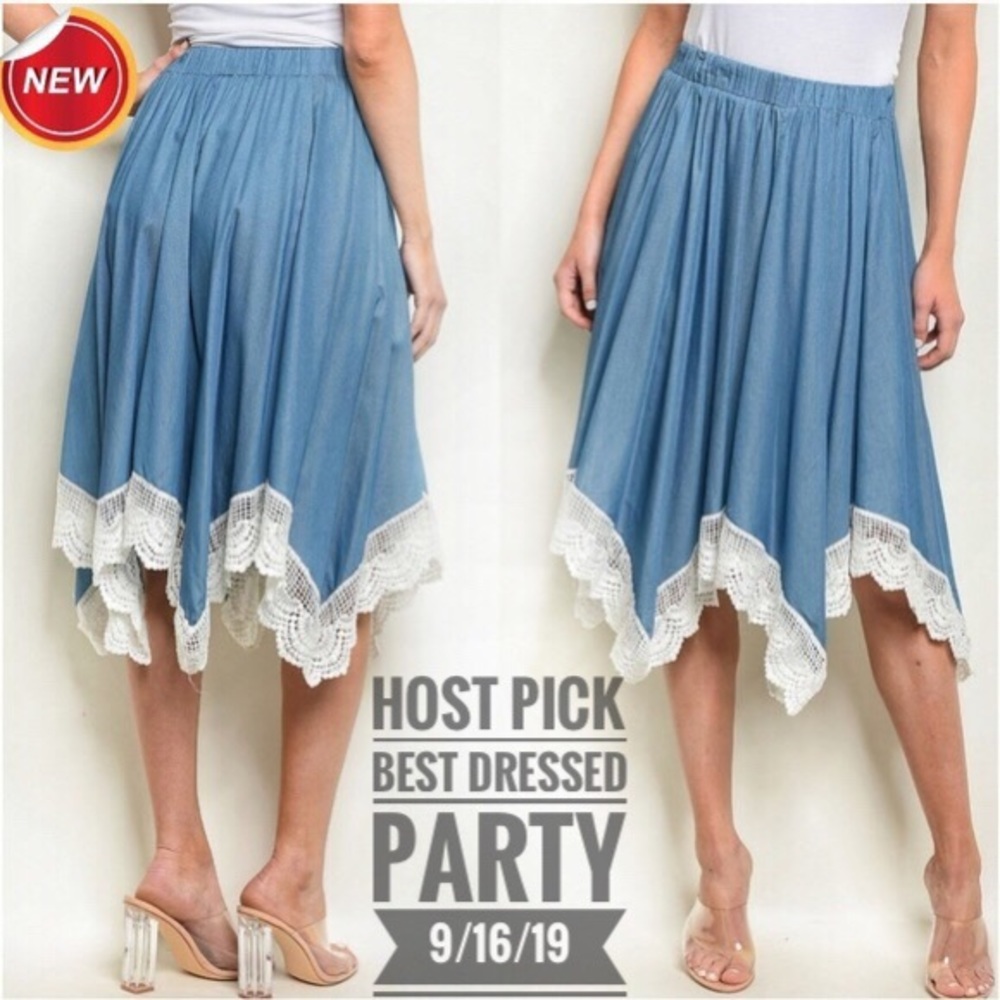 Chambray Skirt with Embroidered Shark bite hem